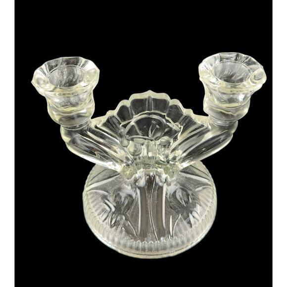Vintage Art Deco Glass Double Candle Holders Shell Fan Design 2 Candlesticks - Picture 4 of 16